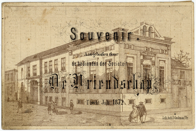 711565 Souvenirkaartje, aangeboden door de bedienden der Sociëteit “De Vriendschap”, [Keistraat 2] te Utrecht, met een ...